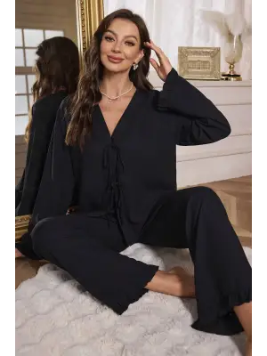 Kadın Siyah Önden Bağlamalı Kolu ve Paçası Fırfır Detaylı Uzun Kollu Pijama Takımı