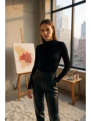 Kadın Siyah Parmak Detaylı Esnek Uzun Kollu Body