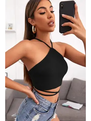 Omarı Siyah Çapraz Bağlamalı Crop Top Bluz