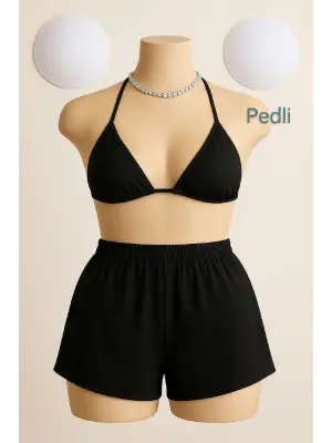 Omarı Siyah Şortlu Bağlamalı Bikini Takımı