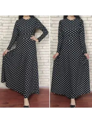 Kadın Siyah Tam Boy Beyaz Puantiyeli Elbise