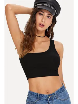 Omarı Siyah Crop Tek Omuzlu Kadın Büstiyer