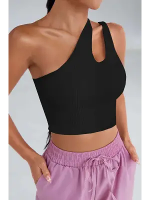 Omarı Siyah Tek Omuz Cut Out Detaylı Crop Top Bluz