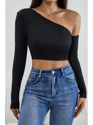 Omarı Siyah Crop Top Bluz