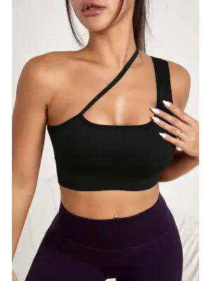 Omarı Siyah Tek Omuzlu Çapraz Askılı Crop Top