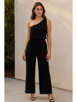 Kadın Siyah Tek Omuzlu Şık Bluz & Geniş Paça Pantolon İkili Takım