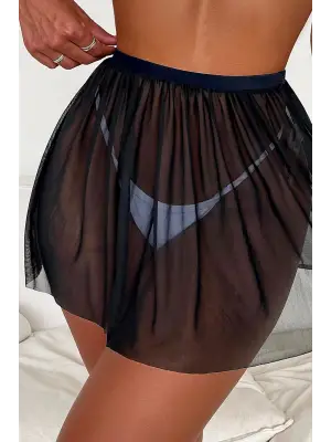 Omarı Siyah Tül Beli Lastikli Etek Pareo