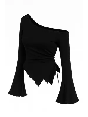 Kadın Siyah Uzun İspanyol Kollu Asimetirik Yaka Yandan Bağlamalı Drapeli Bluz