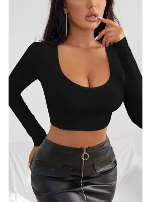 Omarı Kadın Siyah Kare Yaka Crop Top Bluz