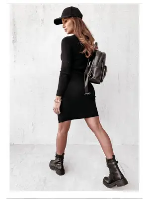 Kadın Siyah Uzun Kollu Bisiklet Yaka Yan Yırtmaç Düğme Detay Kısa Kaşkorse Elbise