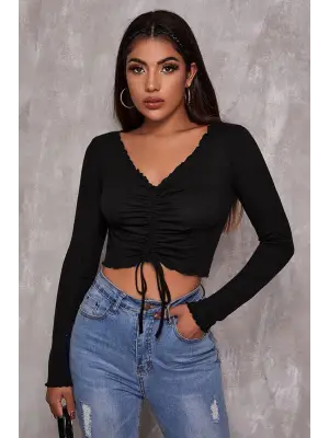 Omarı Siyah Crop Top Bluz