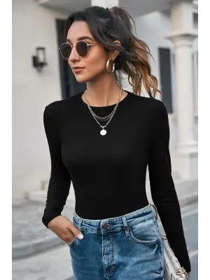 Omarı Siyah Uzun Kollu Crop Top Bluz