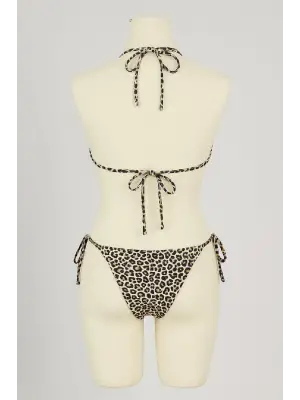 Omarı Siyah ve Leopar Detaylı Yandan Bağlamalı Bikini