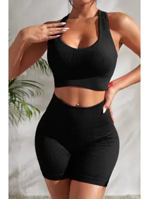 Omarı Siyah Yüksek Bel Çapraz Sırt Detaylı Gecelik Takım