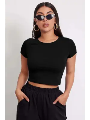 Omarı Siyah Yuvarlak Yaka Crop Top Bluz