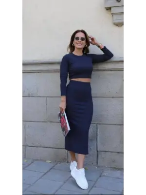 Kadın Soft Kaşkorse Kumaş Bluz Ve Yırtmaç Detaylı Etek Ikili Takım