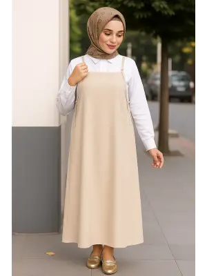 Kadın Taş Rengi Basic Ayarlanabilir Askılı Jile Elbise