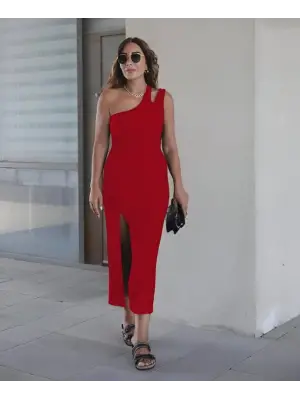 Kadın Tek Omuz Damla Detay Yırtmaçlı Krep Elbise