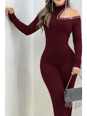 Kadın Tek Omuzdan Açık Balıkçı Yaka Taş Detaylı Uzun Tulum