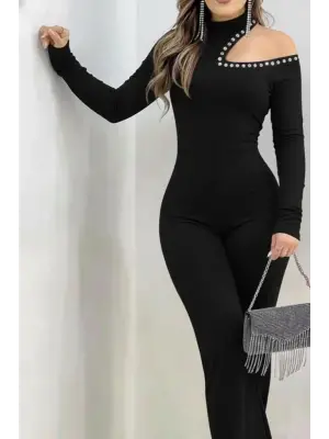 Kadın Tek Omuzdan Açık Balıkçı Yaka Taş Detaylı Uzun Ithal Krep Tulum