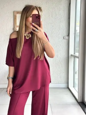 Kadın Tek Omuzdan Açık Geniş Kesim Viskon Iki Iplik Bluz Ve Pantolon Ikili Takım