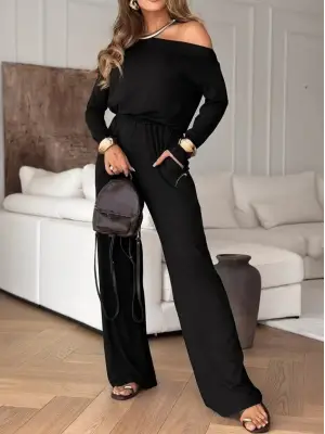 Kadın Tek Omuzdan Açık Uzun Kollu Belden Bağcıklı Uzun Viskon Iki Iplik Tulum