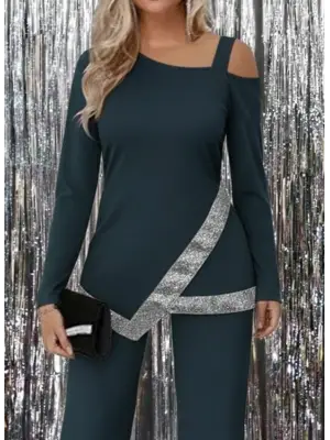 Kadın Tek Omuzdan Açık Uzun Kollu önü Pulpayet Ithal Krep Bluz Ve Pantolon