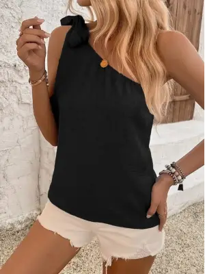 Kadın Tek Omuzdan Askılı Bağcıklı Keten Bluz