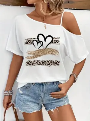 Kadın Tek Omuzu Açık Ip Askılı Baskılı Viskon Bluz