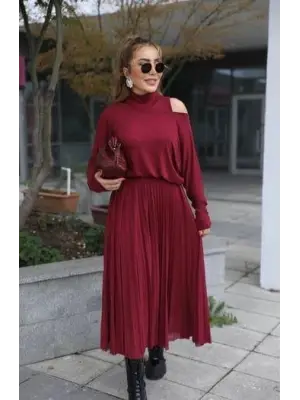 Kadın Triko Plise Ve Tül Detay Iki Parça Elbise