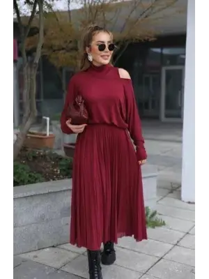 Kadın Triko Plise Ve Tül Detay Iki Parça Elbise