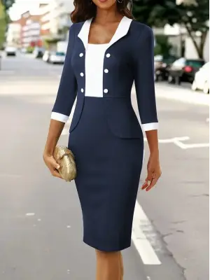 Kadın Truvakar Kol çift Renkli Düğmeli Kısa Ithal Krep Elbise