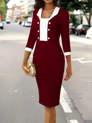 Kadın Truvakar Kol çift Renkli Düğmeli Kısa Ithal Krep Elbise