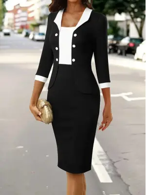 Kadın Truvakar Kol çift Renkli Düğmeli Kısa Ithal Krep Elbise