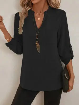 Kadın Truvakar Kol V Yakalı Keten Bluz