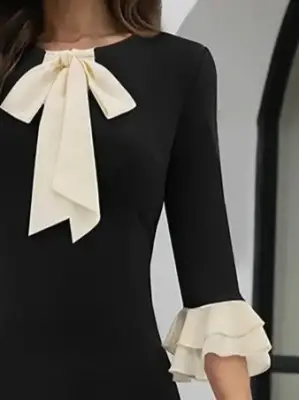 Kadın Truvakar Kollu Fiyonk Yakalı Midi Ithal Krep Elbise