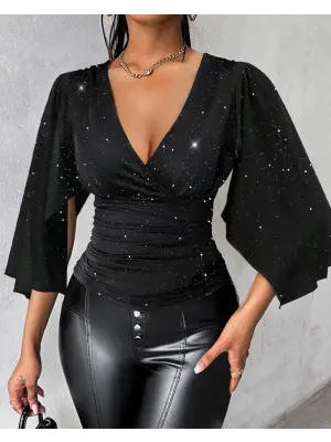 Kadın Truvakar Kollu Kruvaze Yakalı Simli Sandy Bluz