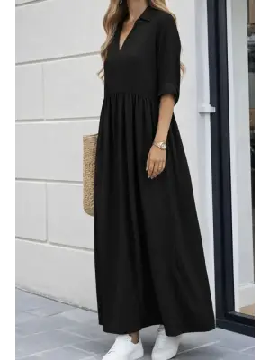 Kadın Truvakar Kollu V Yakalı Yırtmaçlı Uzun Aerobin Elbise