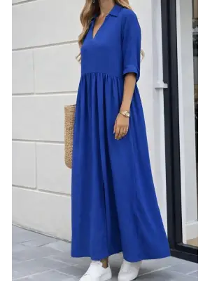 Kadın Truvakar Kollu V Yakalı Yırtmaçlı Uzun Aerobin Elbise