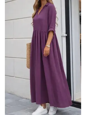 Kadın Truvakar Kollu V Yakalı Yırtmaçlı Uzun Aerobin Elbise