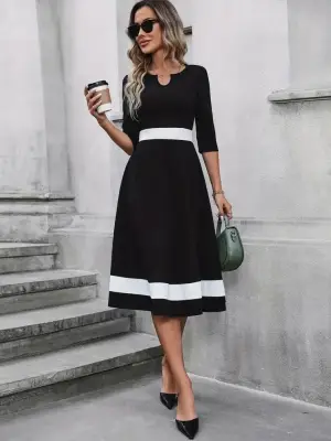 Kadın Truvakarkol Yakası Açık Blok Renkli Krep Midi Elbise