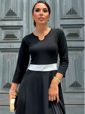 Kadın Truvakarkol Yakası Açık Blok Renkli Krep Midi Elbise