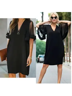 Kadın Tüllü Kısa Kollu V Yaka Krep Elbise