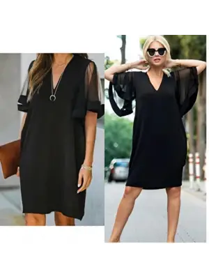 Omarı Elegan Kadın V Yaka Tüllü Elbise
