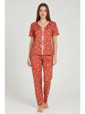 Kadın Turuncu Kalp Desenli Fiyonklu Kısa Kollu Uzun Pijama Takımı