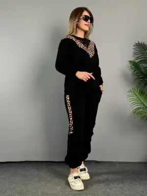 Kadın Leopar Desenli Dantel Detaylı İkili Takım