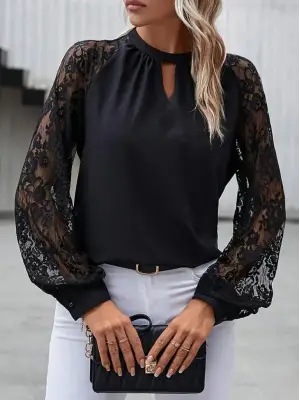 Kadın Uzun Dantel Kollu Yuvarlak Yakalı Sandy Bluz