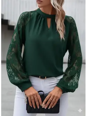 Kadın Uzun Dantel Kollu Yuvarlak Yakalı Sandy Bluz
