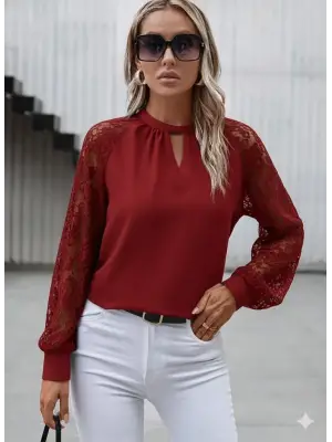 Kadın Uzun Dantel Kollu Yuvarlak Yakalı Sandy Bluz