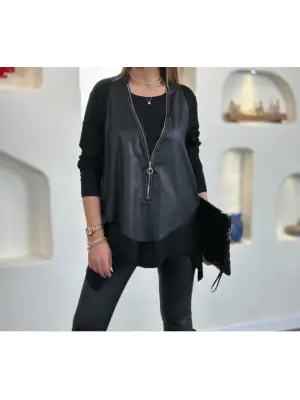 Kadın Uzun Kol Asimetrik Kesim Viskon Bluz Ve çatlak Deri Görünümlü Fermuar Detaylı Yelek Ikili Takım